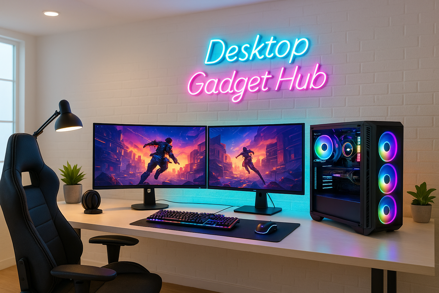 Add a neon sign to the wall that says "Desktop Gadget Hub" and make the scene brighter (as if the rooms lights are turned on)